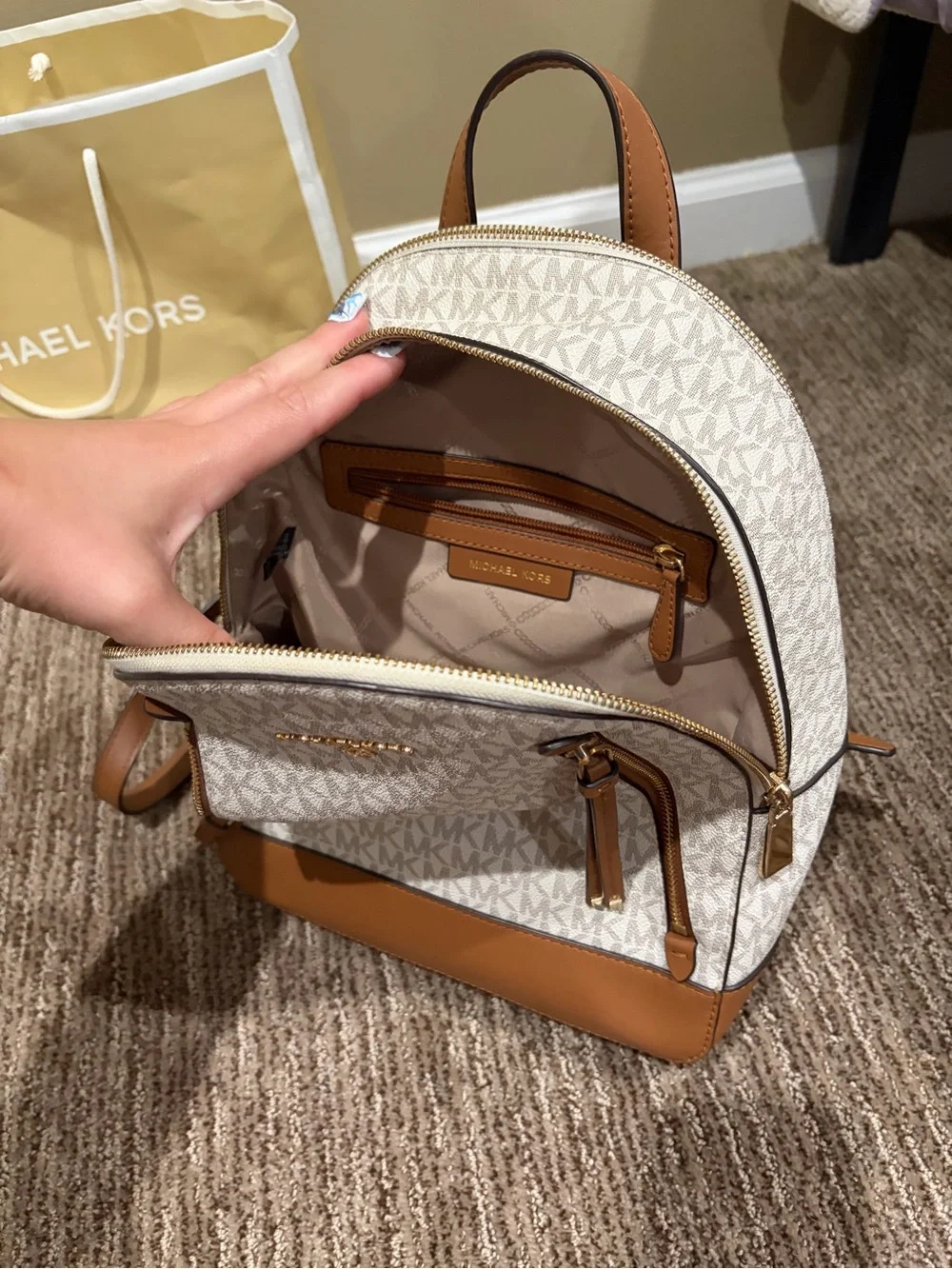 Michael Kors White & Brown MK Logo Backpack
